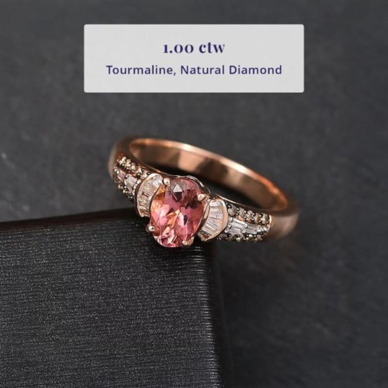 Luxoro 10K Rose Gold Premium Blush Tourmaline, Natural Champagne and White Diamond (I2) Ring (Size 5.0) 1.00 ctw