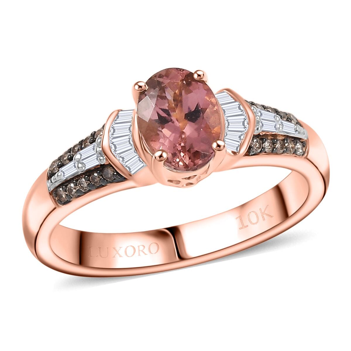 Luxoro Premium Blush Tourmaline, I2 Natural Champagne and White Diamond 1.00 ctw Empress Bloom Ring in 10K Rose Gold (Size 6.0) image number 0