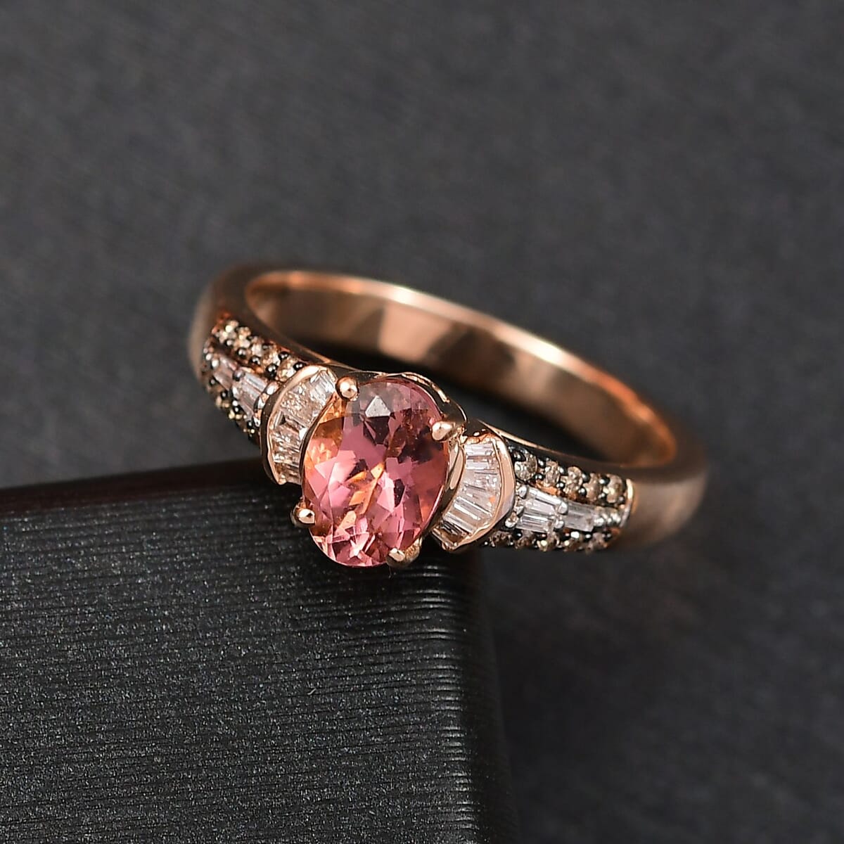 Luxoro Premium Blush Tourmaline, I2 Natural Champagne and White Diamond 1.00 ctw Empress Bloom Ring in 10K Rose Gold (Size 6.0) image number 1