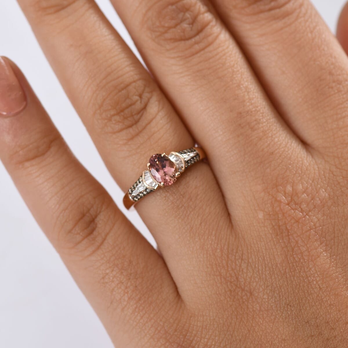 Luxoro Premium Blush Tourmaline, I2 Natural Champagne and White Diamond 1.00 ctw Empress Bloom Ring in 10K Rose Gold (Size 6.0) image number 2