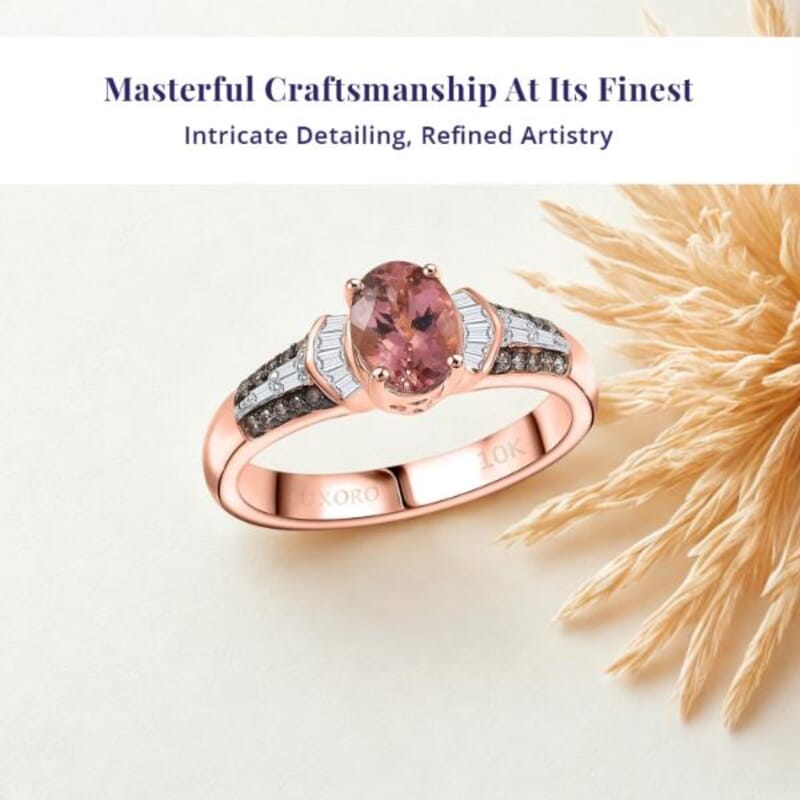 Luxoro Premium Blush Tourmaline, I2 Natural Champagne and White Diamond 1.00 ctw Empress Bloom Ring in 10K Rose Gold (Size 6.0)