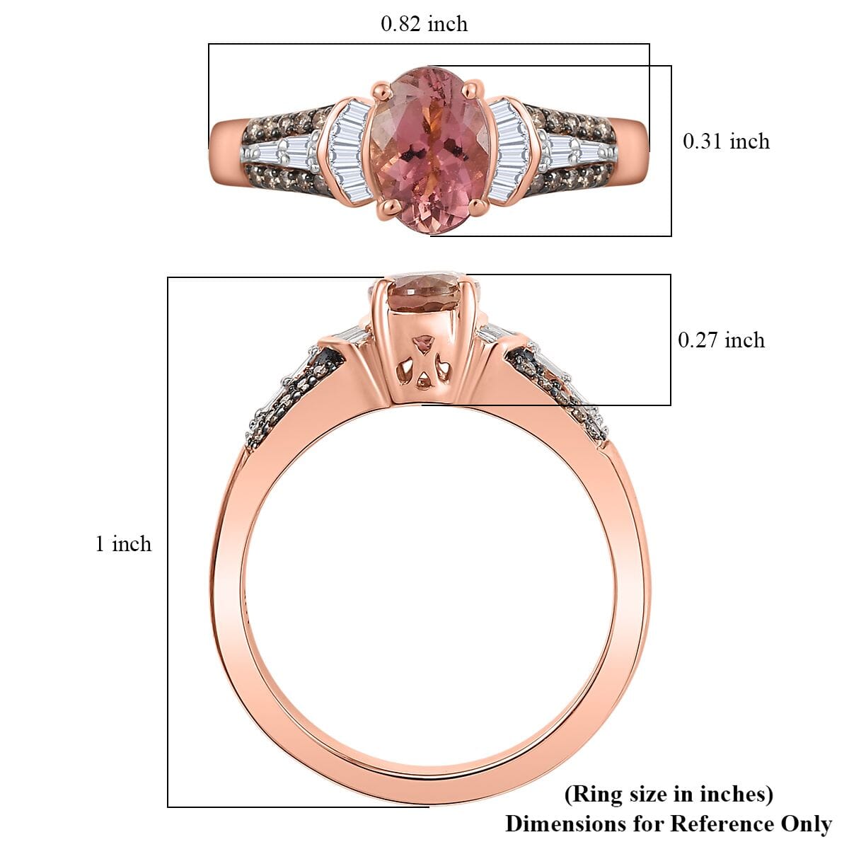 Luxoro Premium Blush Tourmaline, I2 Natural Champagne and White Diamond 1.00 ctw Empress Bloom Ring in 10K Rose Gold (Size 6.0) image number 5