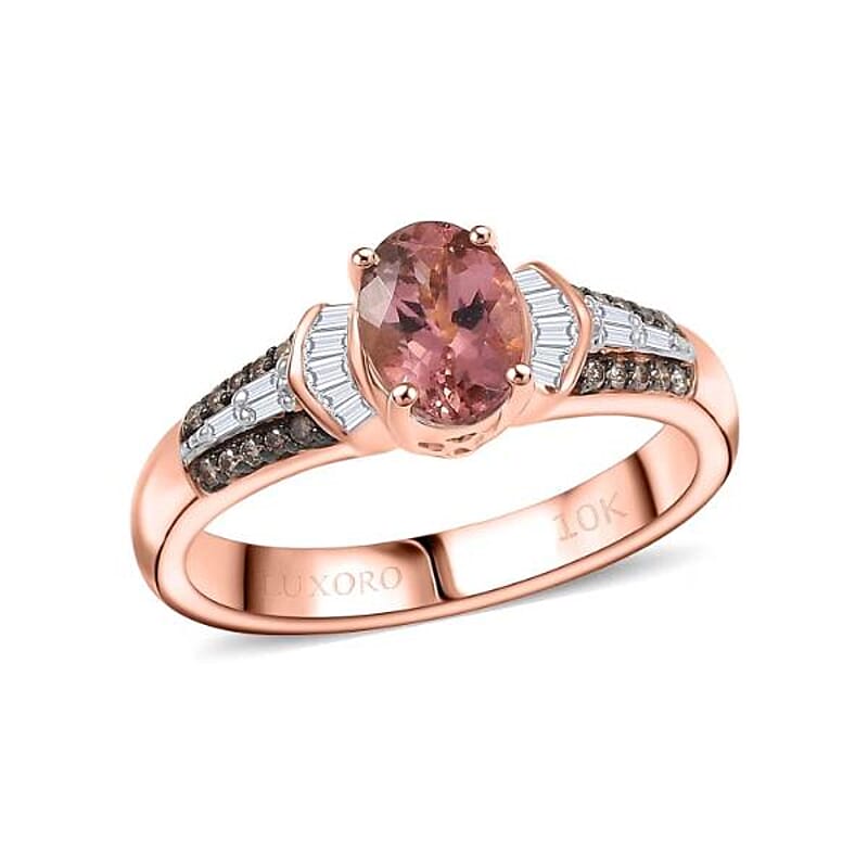 Luxoro Premium Blush Tourmaline, I2 Natural Champagne and White Diamond 1.00 ctw Empress Bloom Ring in 10K Rose Gold (Size 7.0)