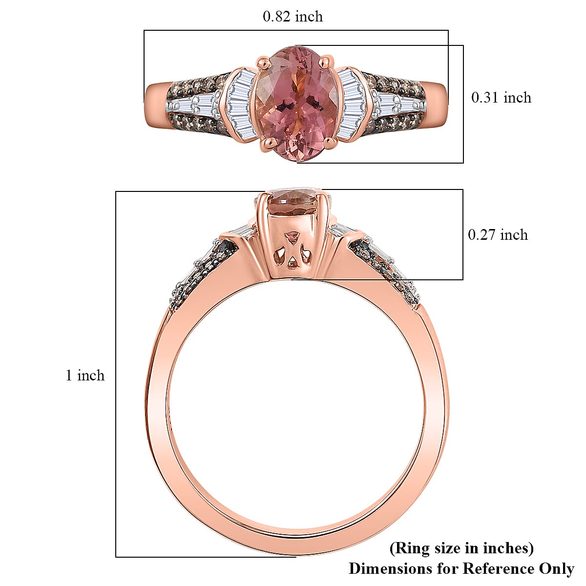 Luxoro Premium Blush Tourmaline, I2 Natural Champagne and White Diamond 1.00 ctw Empress Bloom Ring in 10K Rose Gold (Size 7.0) image number 5