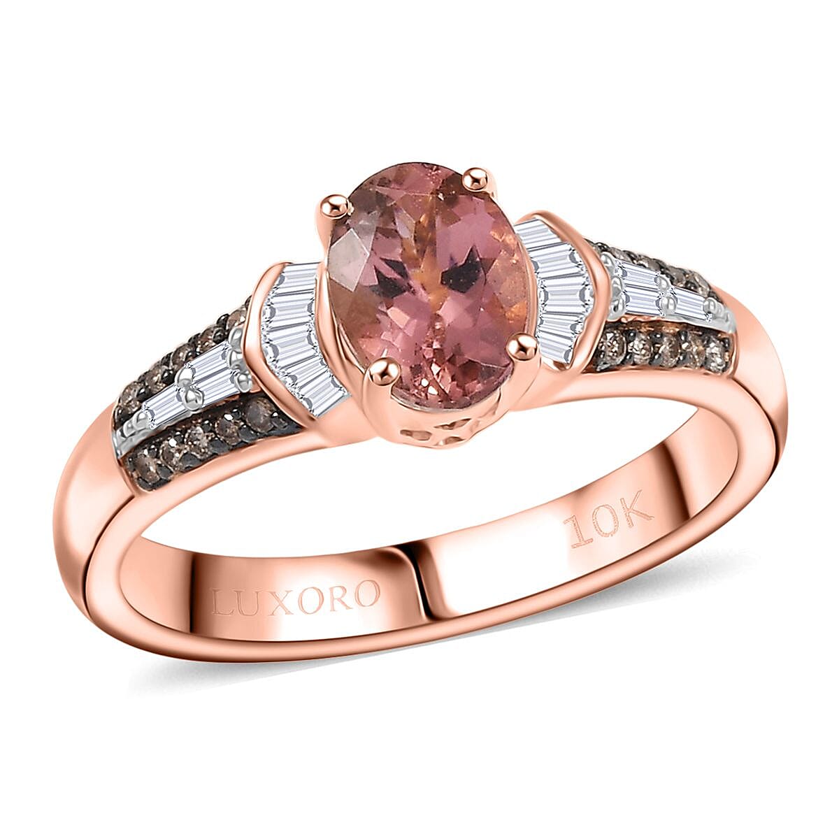 Luxoro Premium Blush Tourmaline, I2 Natural Champagne and White Diamond 1.00 ctw Empress Bloom Ring in 10K Rose Gold (Size 9.0) image number 0