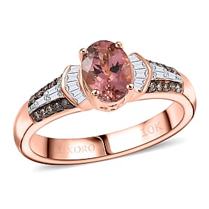 Luxoro Premium Blush Tourmaline, I2 Natural Champagne and White Diamond 1.00 ctw Empress Bloom Ring in 10K Rose Gold (Size 9.0)