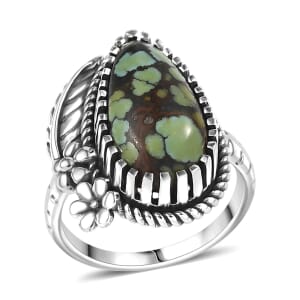 D'Joy Artisan Crafted Whispering Web Turquoise 7.00 ctw Flower and Leaf Ring in Sterling Silver (Size 10.0)