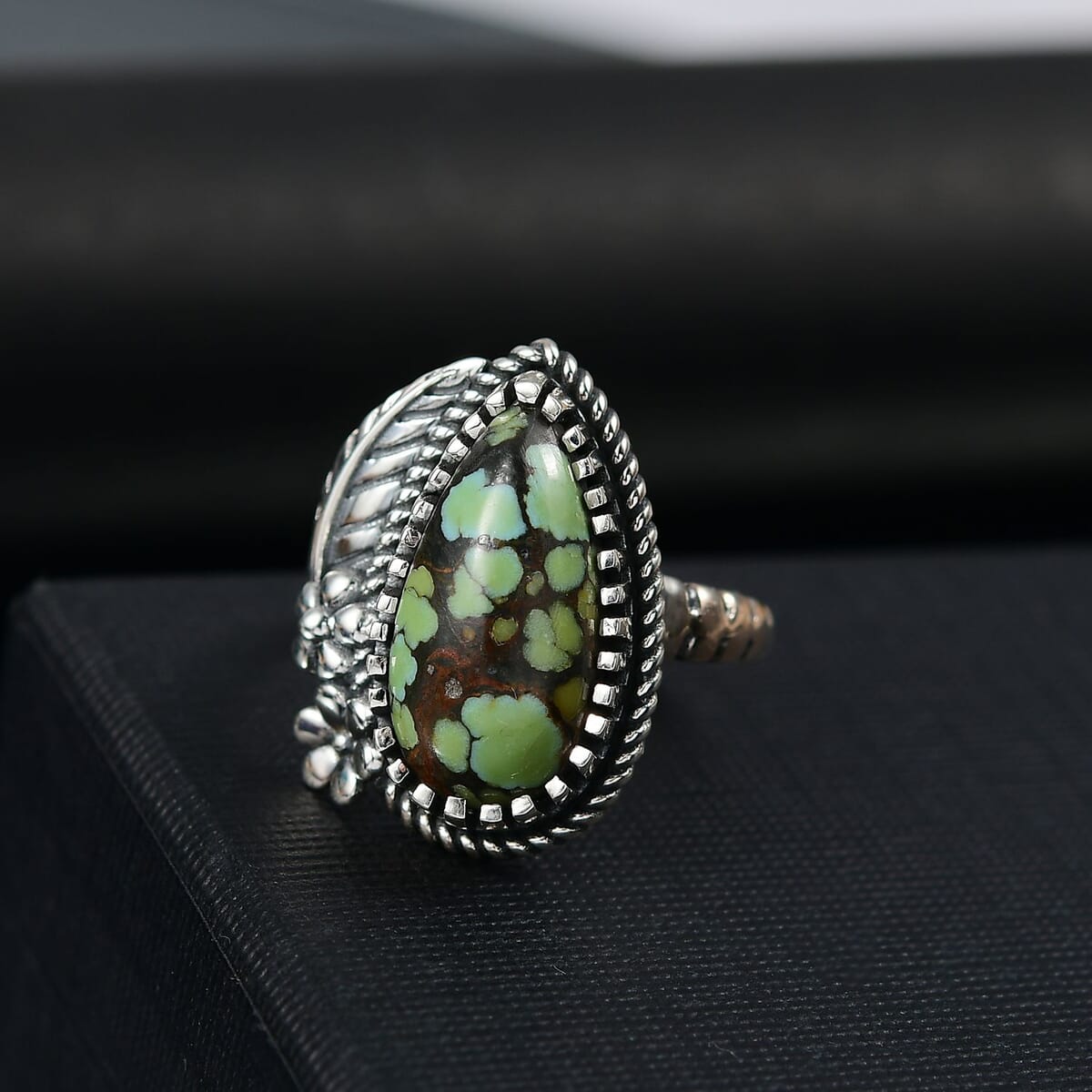 D'Joy Artisan Crafted Whispering Web Turquoise 7.00 ctw Flower and Leaf Ring in Sterling Silver (Size 10.0) image number 1