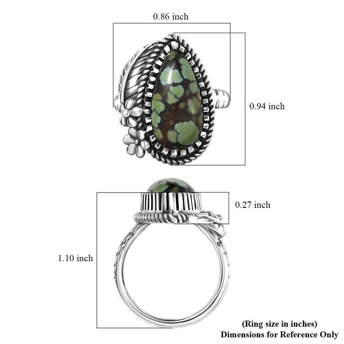 D'Joy Artisan Crafted Whispering Web Turquoise 7.00 ctw Flower and Leaf Ring in Sterling Silver (Size 10.0) image number 5