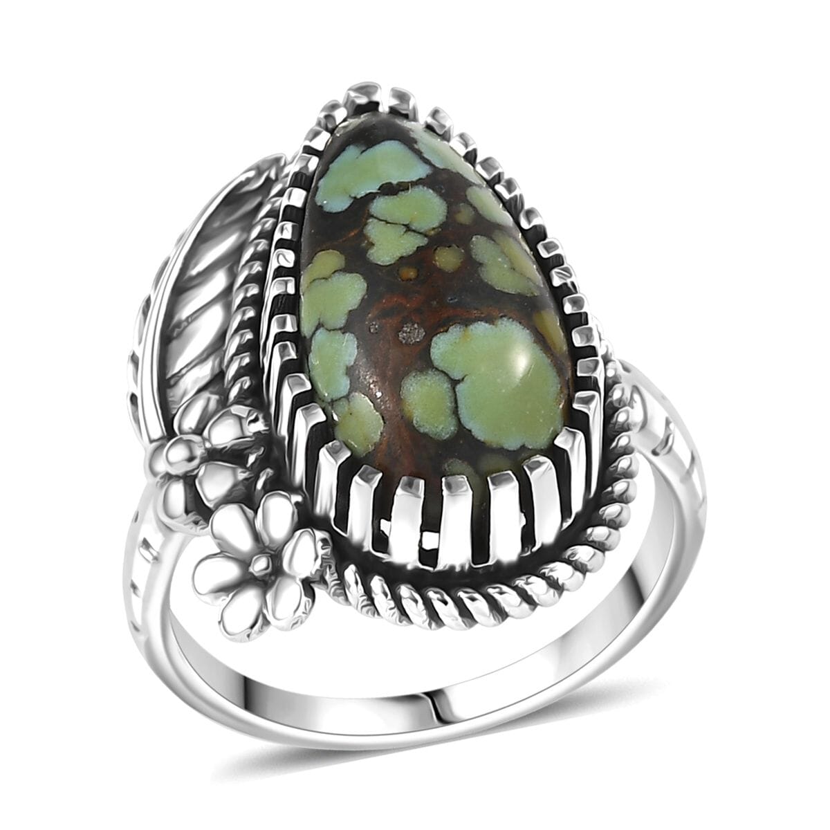 D'Joy Artisan Crafted Whispering Web Turquoise 7.00 ctw Flower and Leaf Ring in Sterling Silver (Size 7.0) image number 0