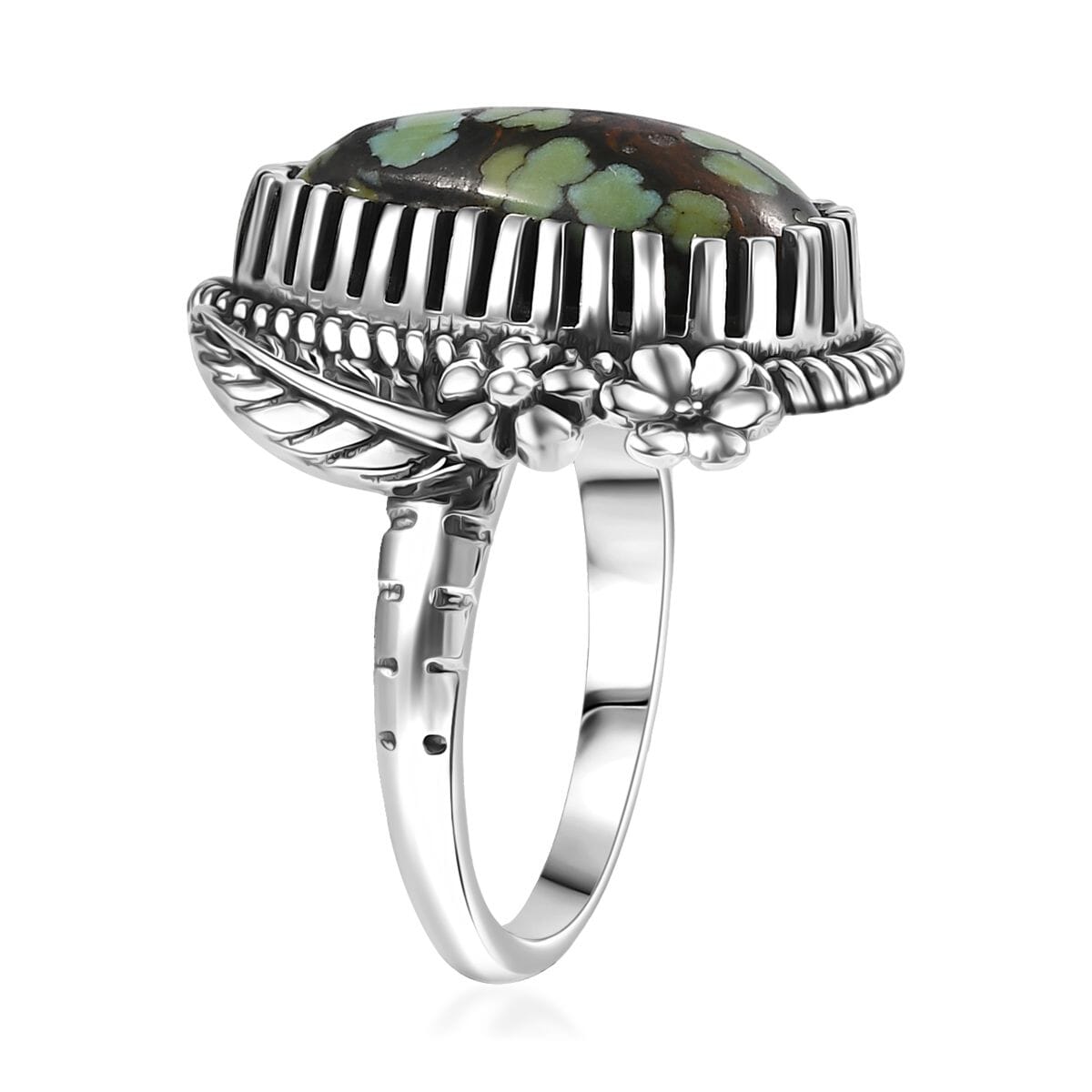 D'Joy Artisan Crafted Whispering Web Turquoise 7.00 ctw Flower and Leaf Ring in Sterling Silver (Size 7.0) image number 3