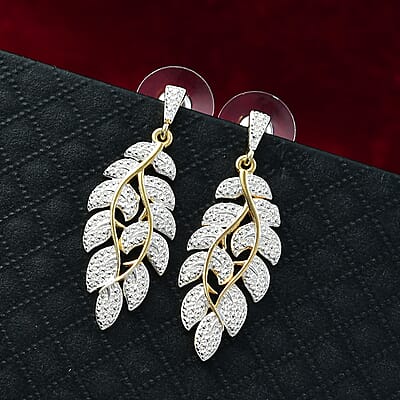 EverTrue White Diamond Accent Leaf Earrings in 18K YG Plated and Platinum Bond