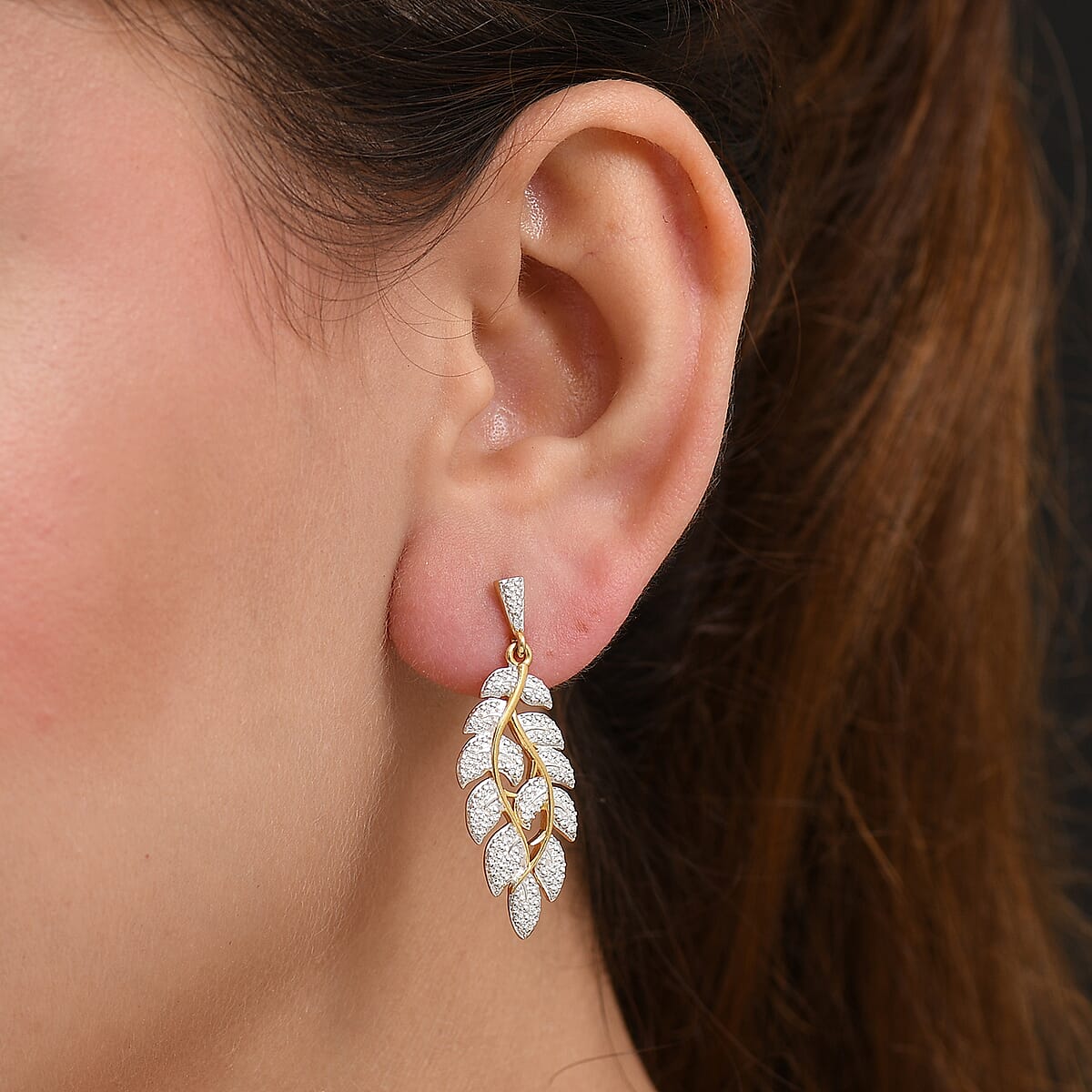 EverTrue White Diamond Accent Leaf Earrings in 18K YG Plated and Platinum Bond image number 2