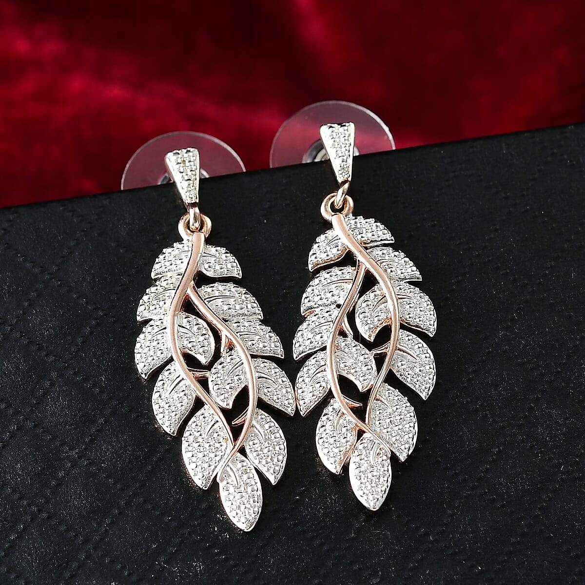 EverTrue White Diamond Accent Leaf Earrings in 18K RG Plated and Platinum Bond image number 1
