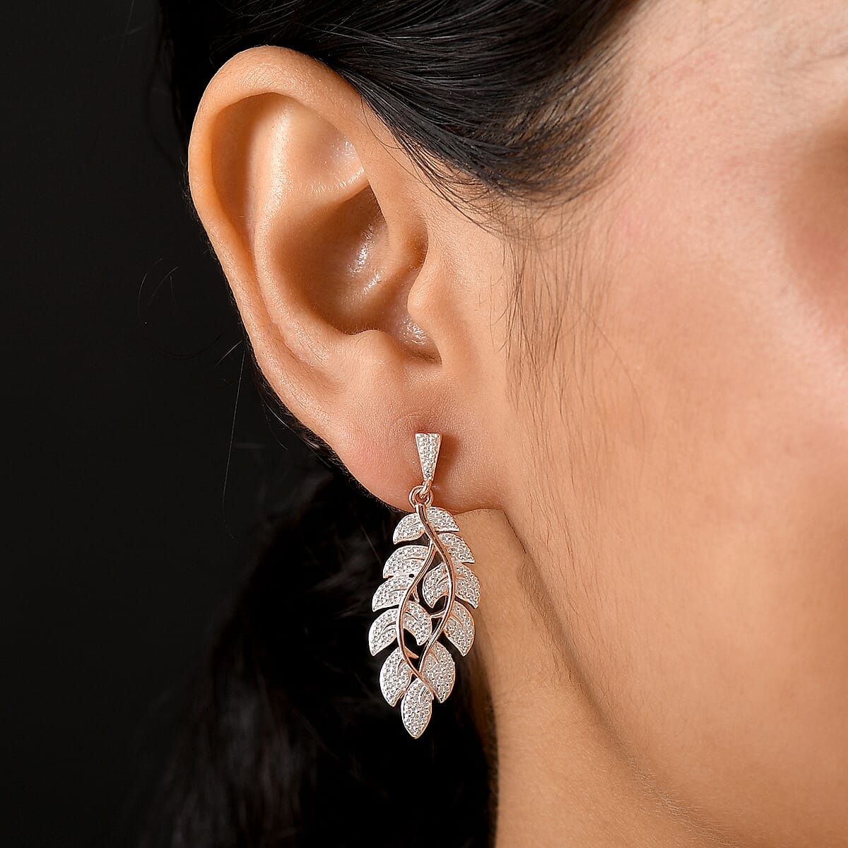 EverTrue White Diamond Accent Leaf Earrings in 18K RG Plated and Platinum Bond image number 2