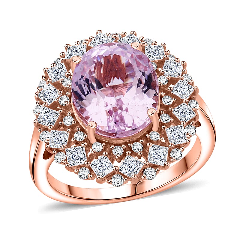 D'Joy Premium Martha Rocha Kunzite and Moissanite 5.90 ctw Ring in 18K Vermeil Rose Gold Over Sterling Silver (Size 10.0)