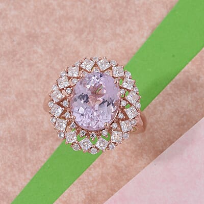 D'Joy Premium Martha Rocha Kunzite and Moissanite 5.90 ctw Ring in 18K Vermeil Rose Gold Over Sterling Silver (Size 10.0)