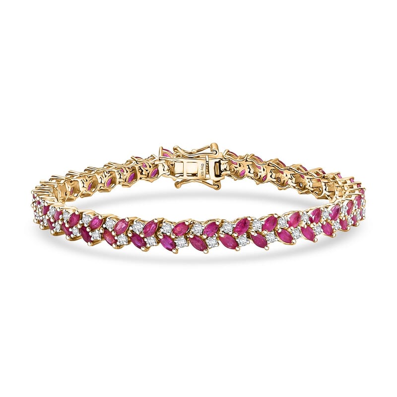 D'Joy Montepuez Ruby and Moissanite 9.50 ctw Bracelet in 18K Vermeil Yellow Gold Over Sterling Silver (7.25 In)