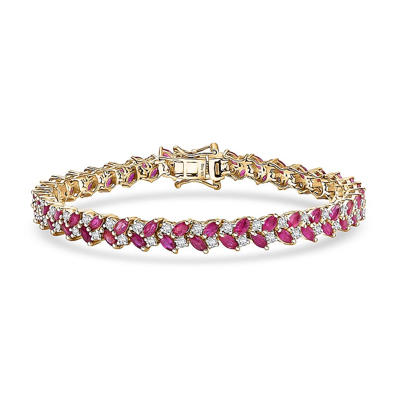D'Joy Montepuez Ruby and Moissanite 9.50 ctw Bracelet in 18K Vermeil Yellow Gold Over Sterling Silver (7.25 In)