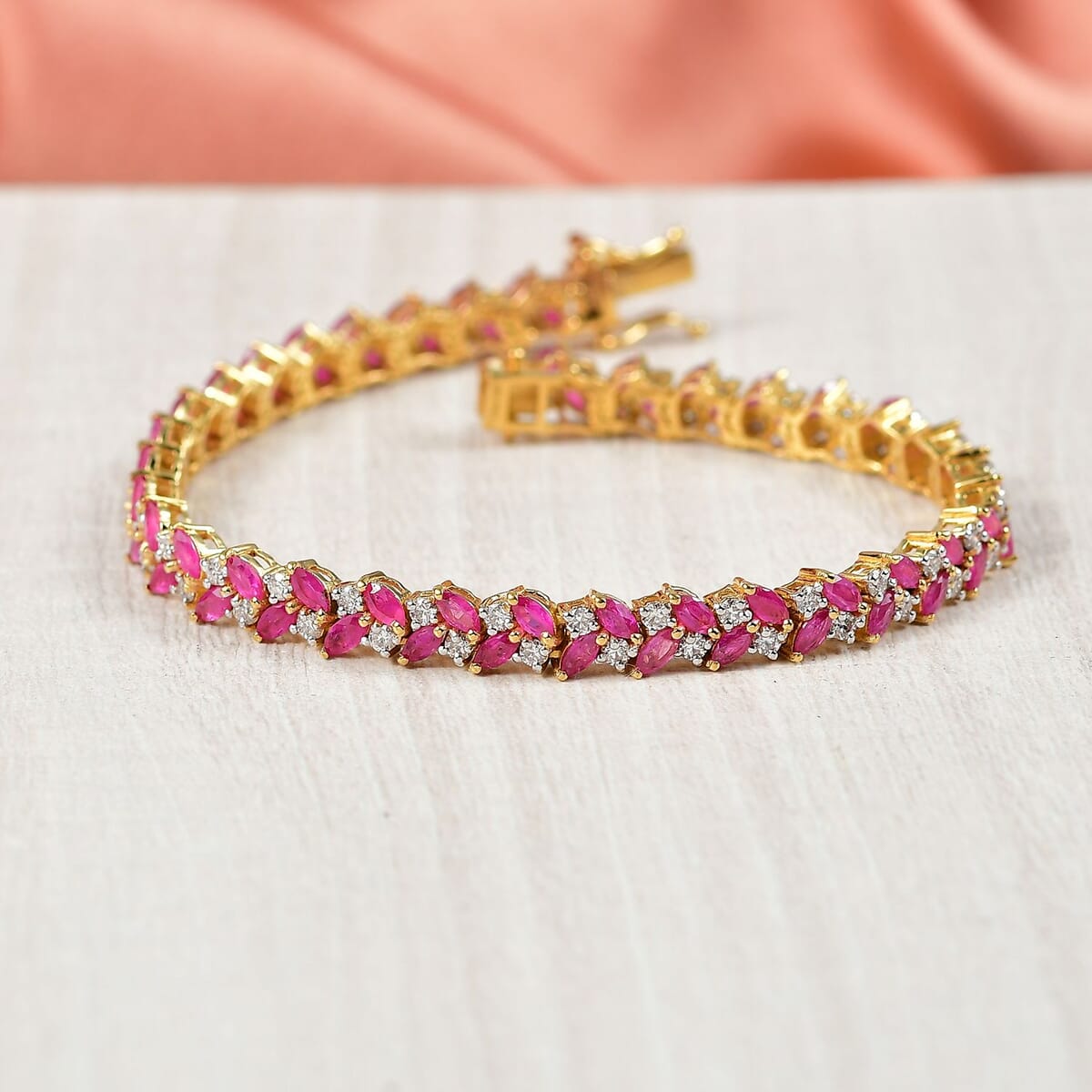 D'Joy Mozambique Ruby and Moissanite 9.50 ctw Bracelet in 18K Vermeil Yellow Gold Over Sterling Silver (7.25 In) image number 1
