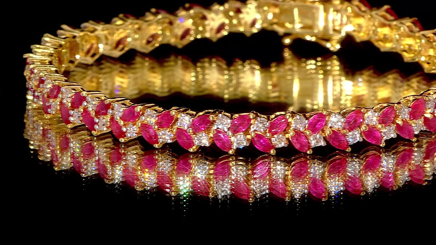 D'Joy Montepuez Ruby and Moissanite 9.50 ctw Bracelet in 18K Vermeil Yellow Gold Over Sterling Silver (7.25 In)