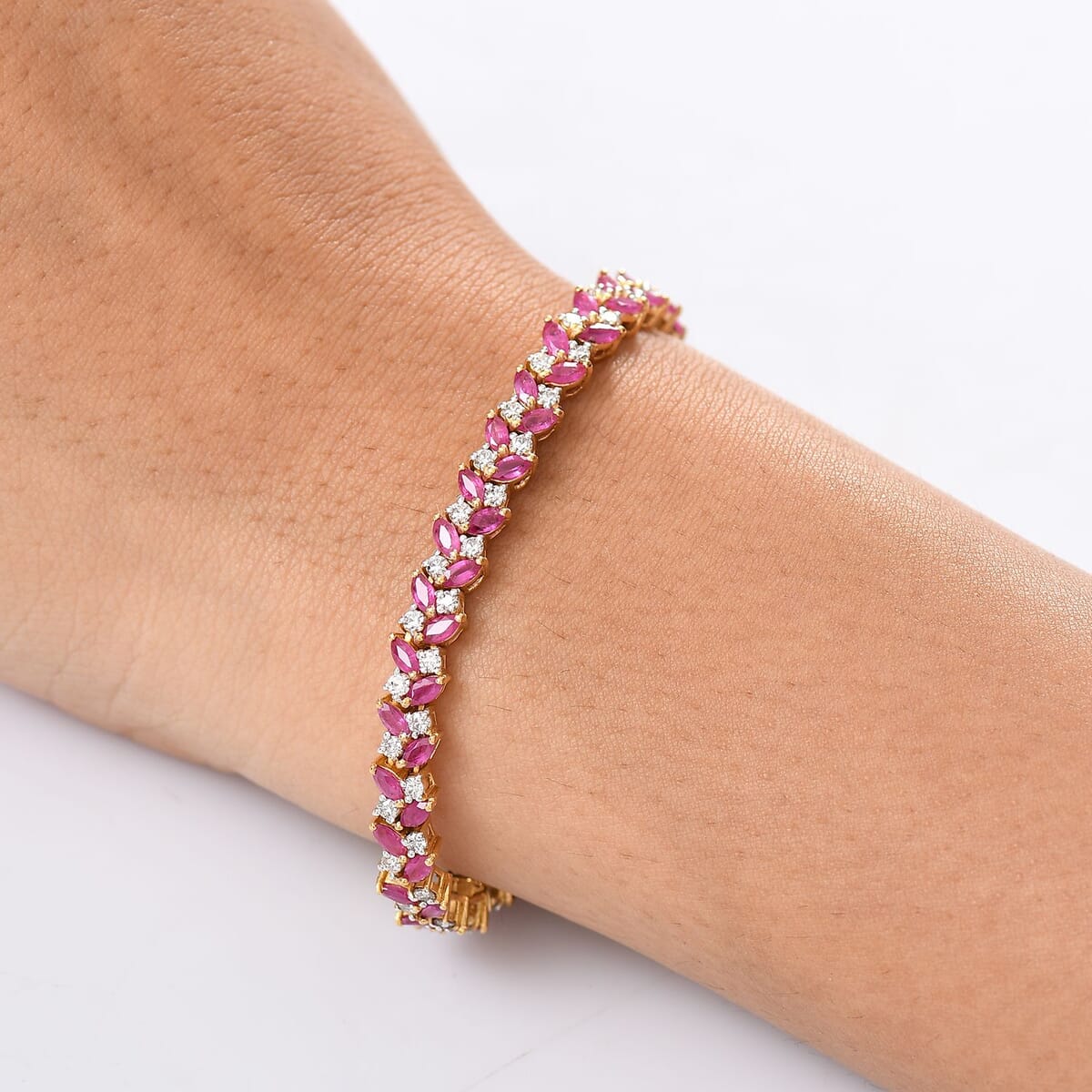 D'Joy Mozambique Ruby and Moissanite 9.50 ctw Bracelet in 18K Vermeil Yellow Gold Over Sterling Silver (7.25 In) image number 2