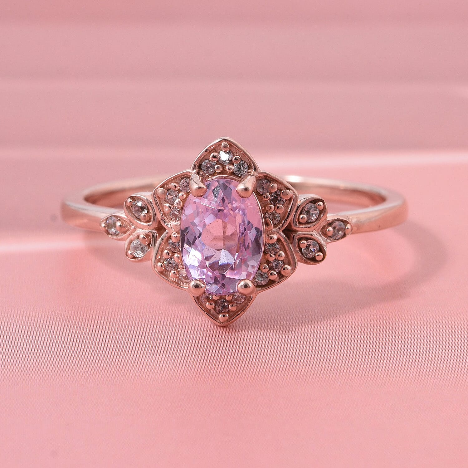 D'Joy Premium Martha Rocha Kunzite and White Zircon 1.20 ctw Ring in 18K Vermeil Rose Gold Over Sterling Silver