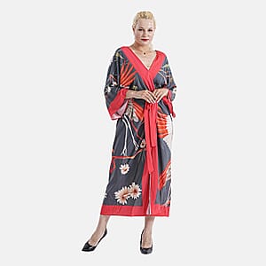 TAMSY Red Crane Placement Print Kimono with Fabric Belt - One Size Fits Most