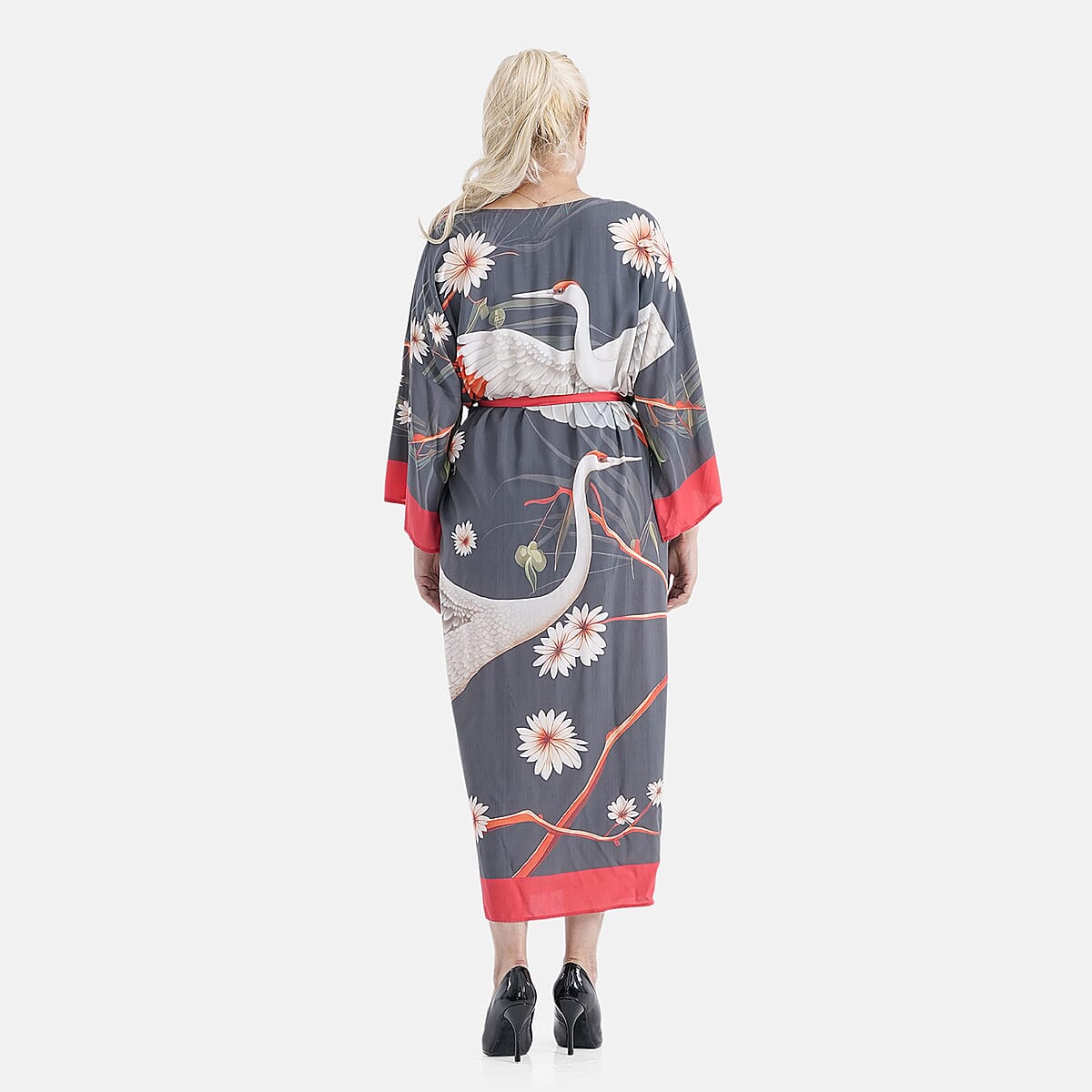 TAMSY Red Crane Placement Print Kimono with Fabric Belt - One Size Fits Most image number 1