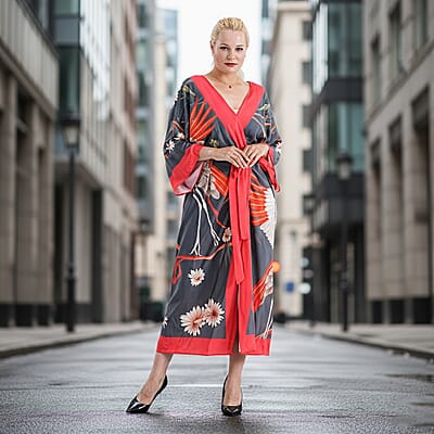 TAMSY Red Crane Placement Print Kimono with Fabric Belt - One Size Fits Most