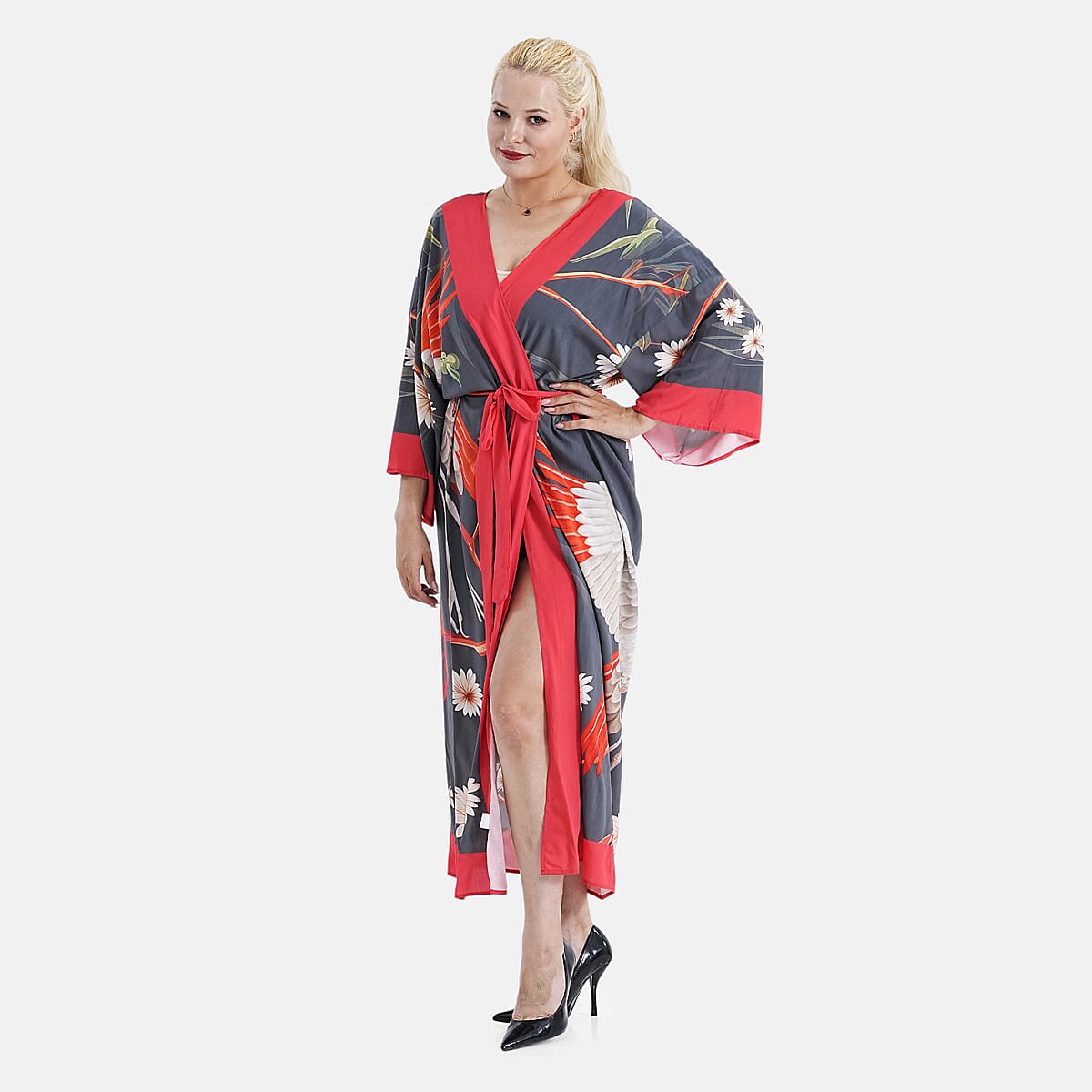 TAMSY Red Crane Placement Print Kimono with Fabric Belt - One Size Fits Most image number 2