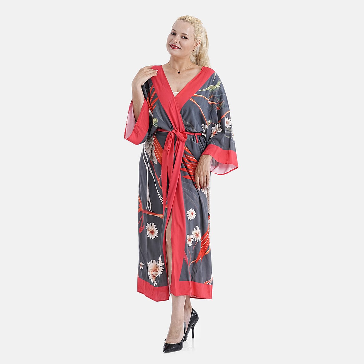 TAMSY Red Crane Placement Print Kimono with Fabric Belt - One Size Fits Most image number 3