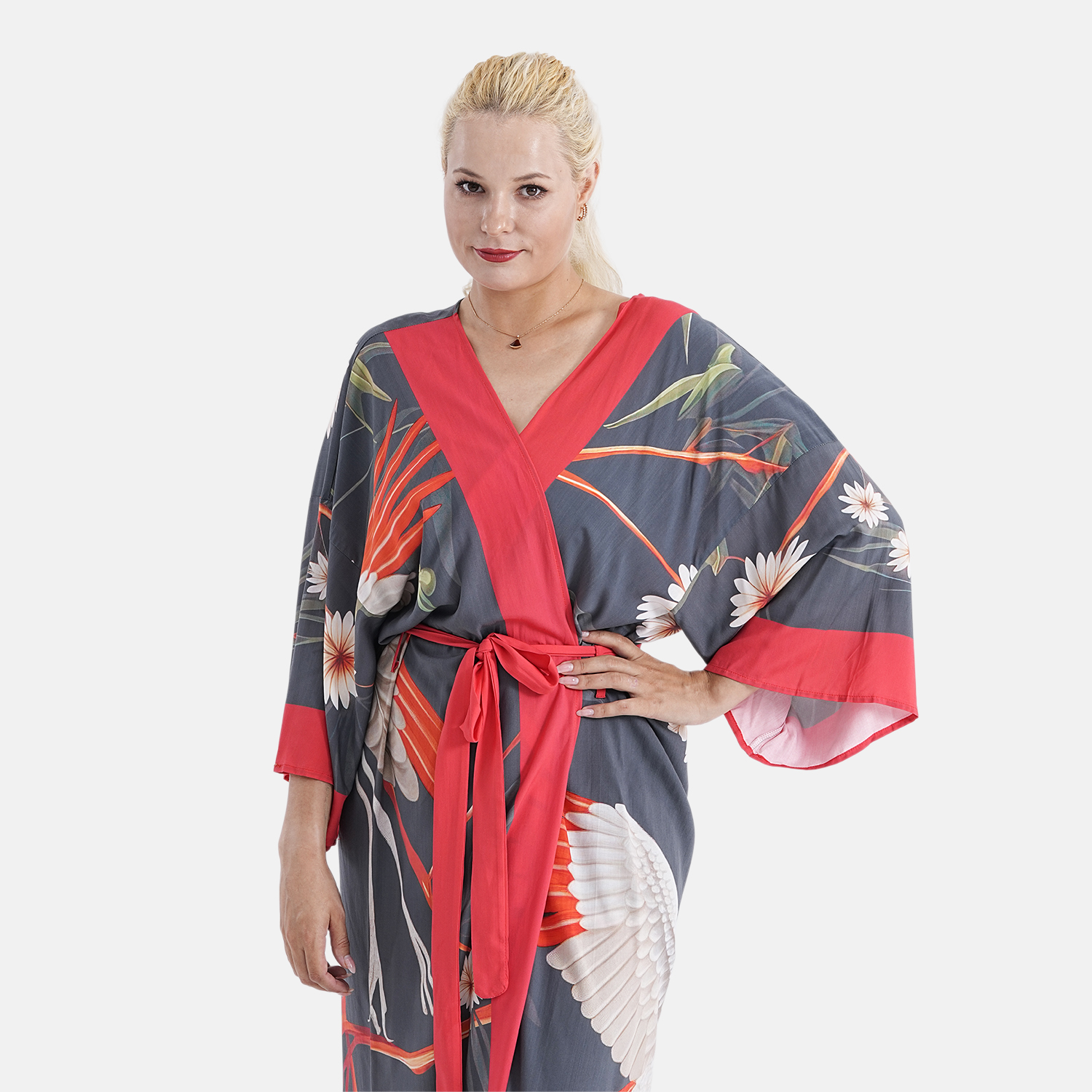 TAMSY Red Crane Placement Print Kimono with Fabric Belt - One Size Fits Most