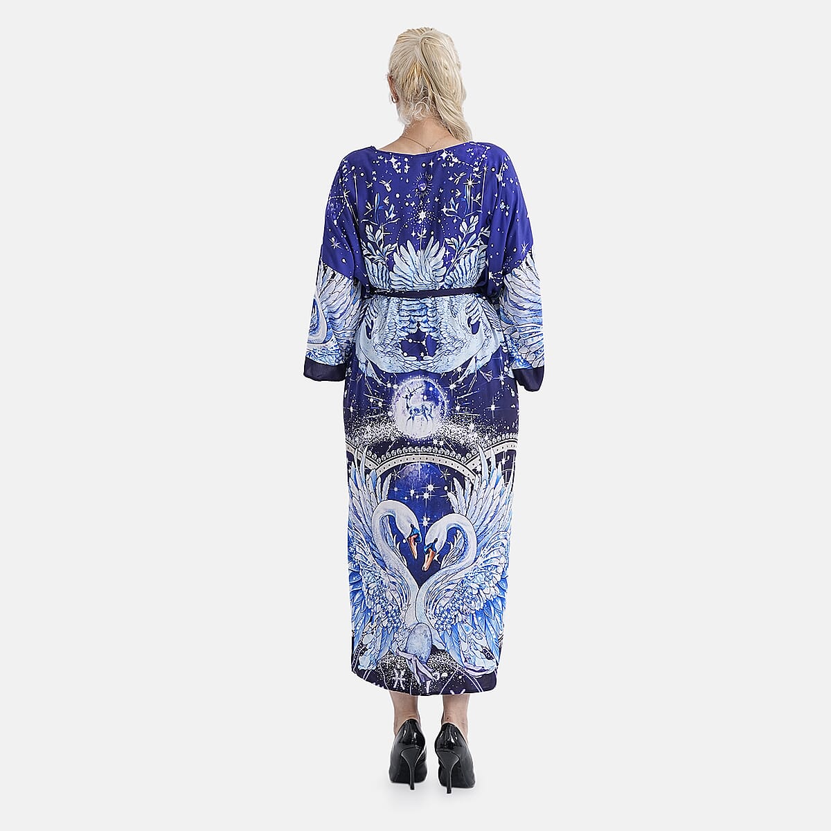 Doorbuster TAMSY Midnight Swans Placement Print Kimono with Fabric Belt - One Size Fits Most image number 1