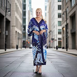 TAMSY Midnight Swans Placement Print Kimono with Fabric Belt - One Size Fits Most