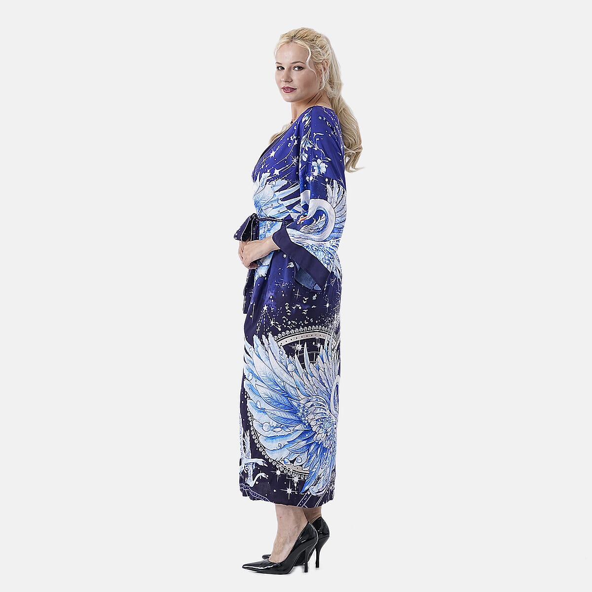 Doorbuster TAMSY Midnight Swans Placement Print Kimono with Fabric Belt - One Size Fits Most image number 2