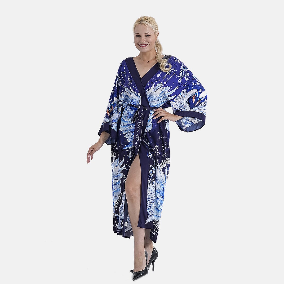 Doorbuster TAMSY Midnight Swans Placement Print Kimono with Fabric Belt - One Size Fits Most image number 3