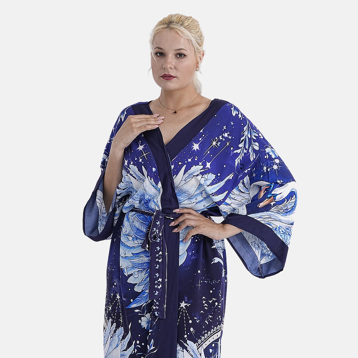 Doorbuster TAMSY Midnight Swans Placement Print Kimono with Fabric Belt - One Size Fits Most image number 4