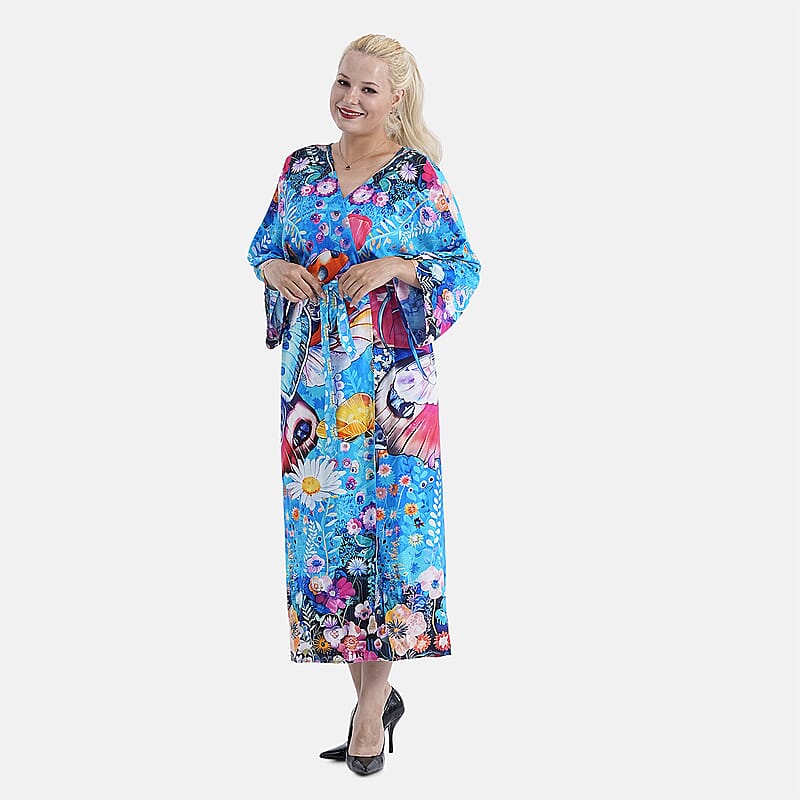 TAMSY Multi Bee Placement Print Kimono with Fabric Belt - One Size Fits Most