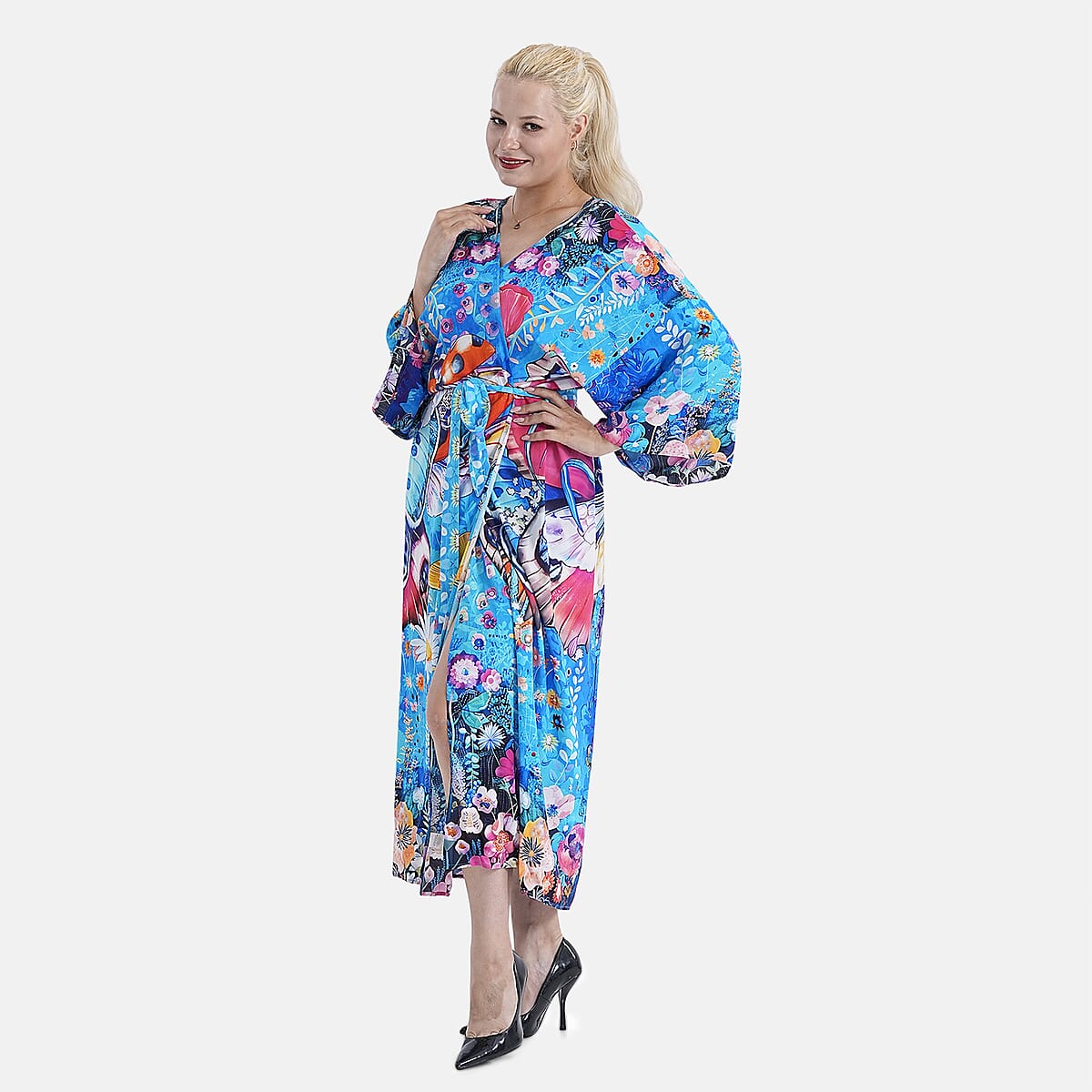 Doorbuster TAMSY Multi Bee Placement Print Kimono with Fabric Belt - One Size Fits Most image number 3