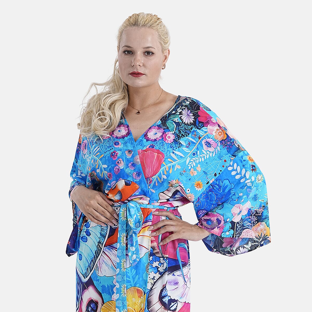 TAMSY Multi Bee Placement Print Kimono with Fabric Belt - One Size Fits Most image number 5