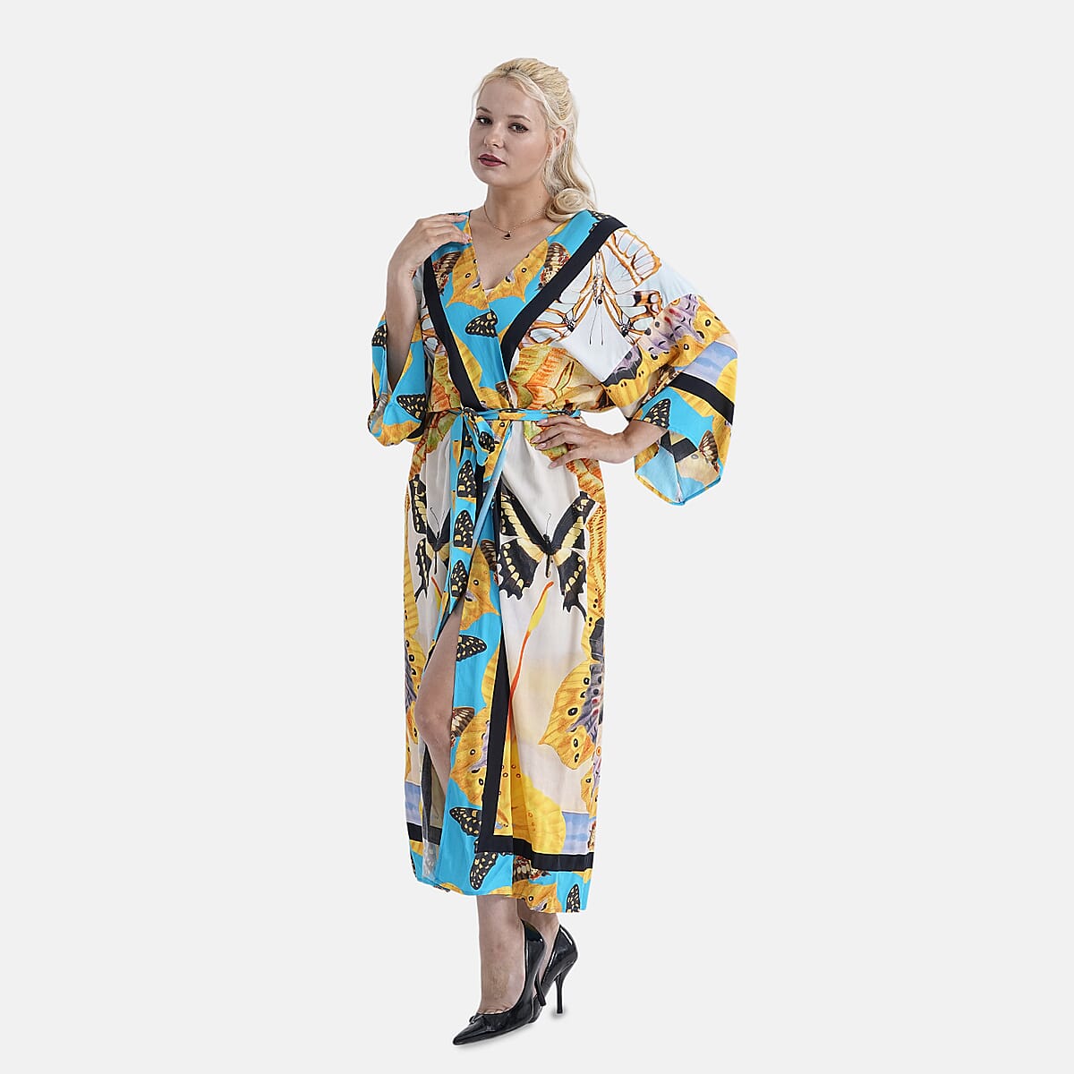 TAMSY Multi Moth Placement Print Kimono with Fabric Belt - One Size Fits Most image number 0