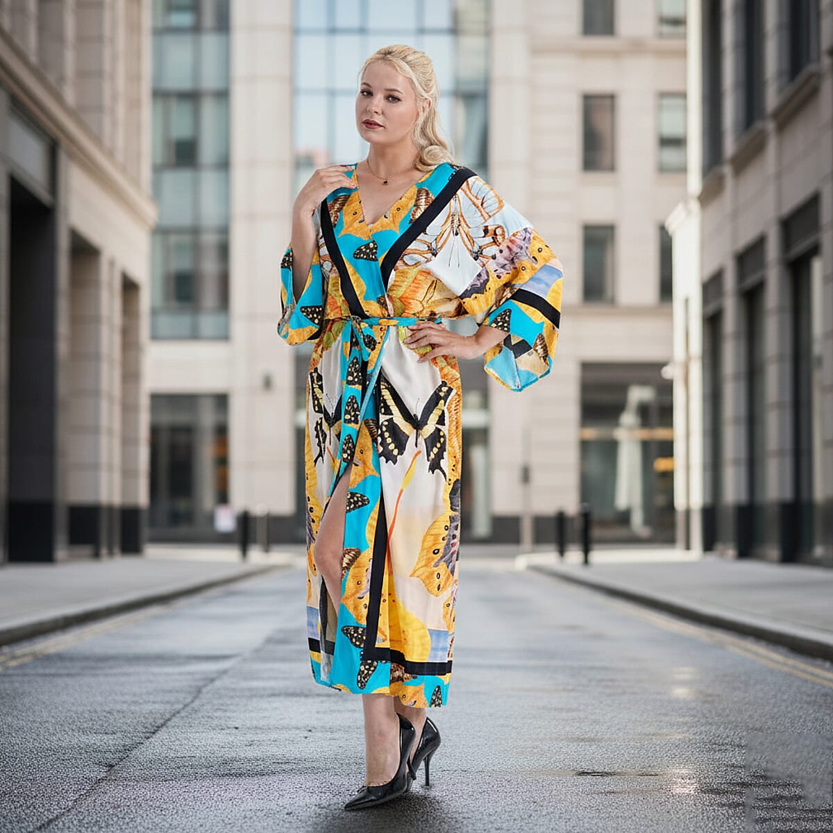 TAMSY Multi Moth Placement Print Kimono with Fabric Belt - One Size Fits Most image number 1