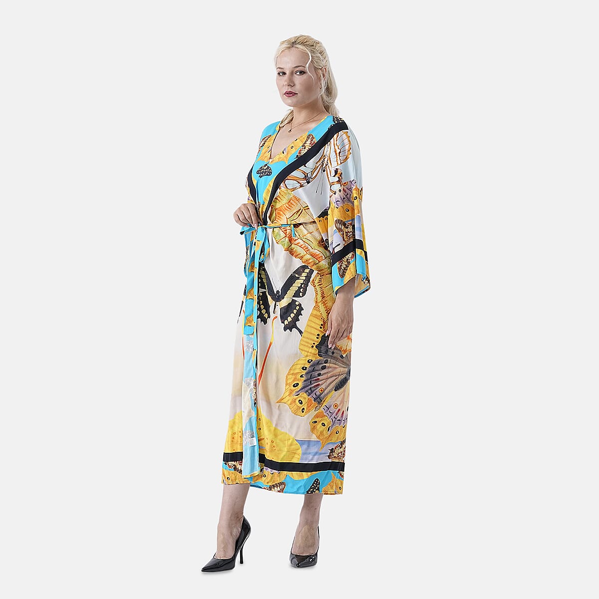 TAMSY Multi Moth Placement Print Kimono with Fabric Belt - One Size Fits Most image number 3