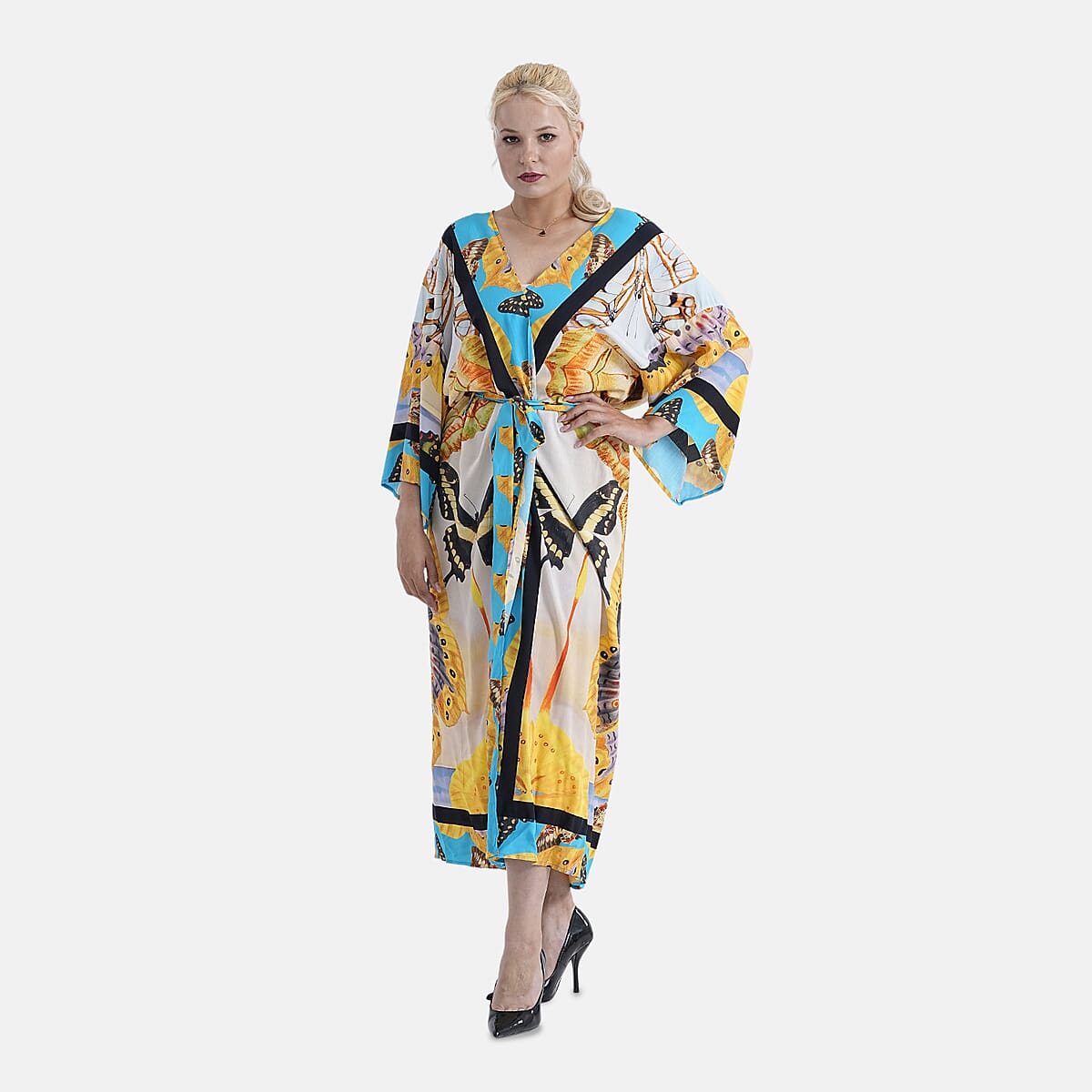 TAMSY Multi Moth Placement Print Kimono with Fabric Belt - One Size Fits Most image number 4