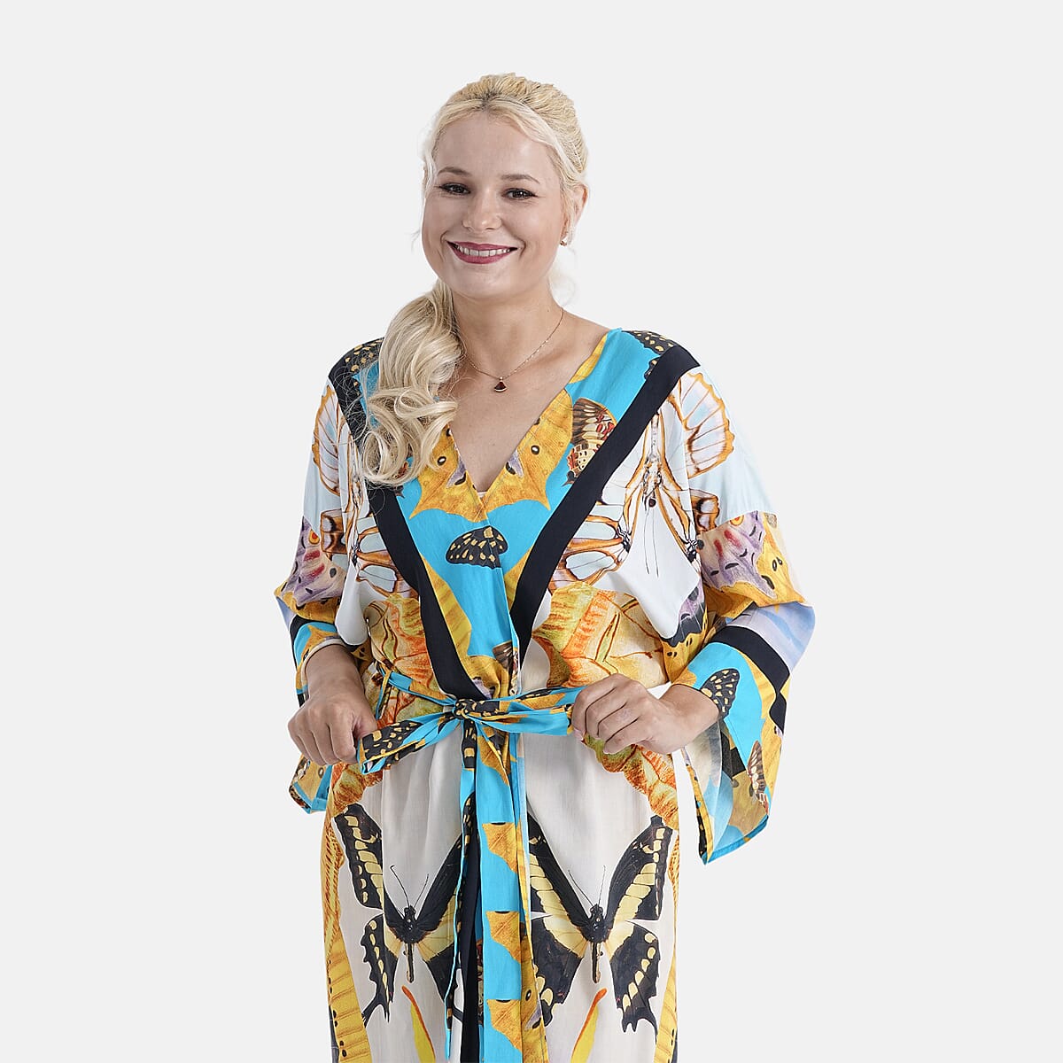 TAMSY Multi Moth Placement Print Kimono with Fabric Belt - One Size Fits Most image number 5