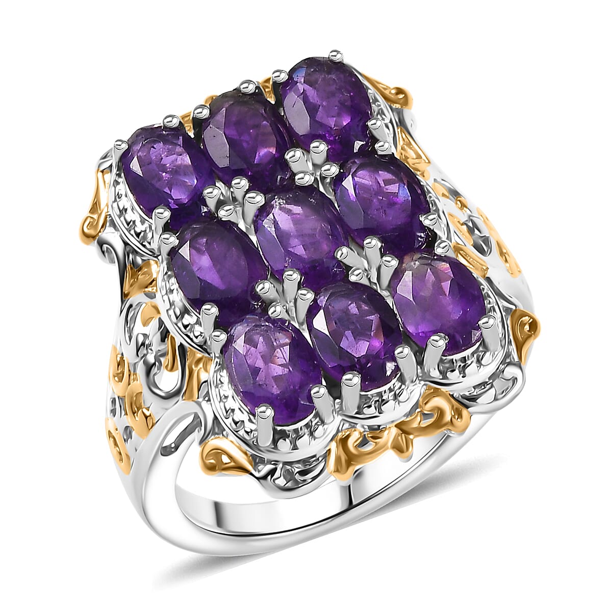EverTrue African Amethyst Cluster Ring in 18K YG Plated and Platinum Bond 3.70 ctw (Size 10.0)