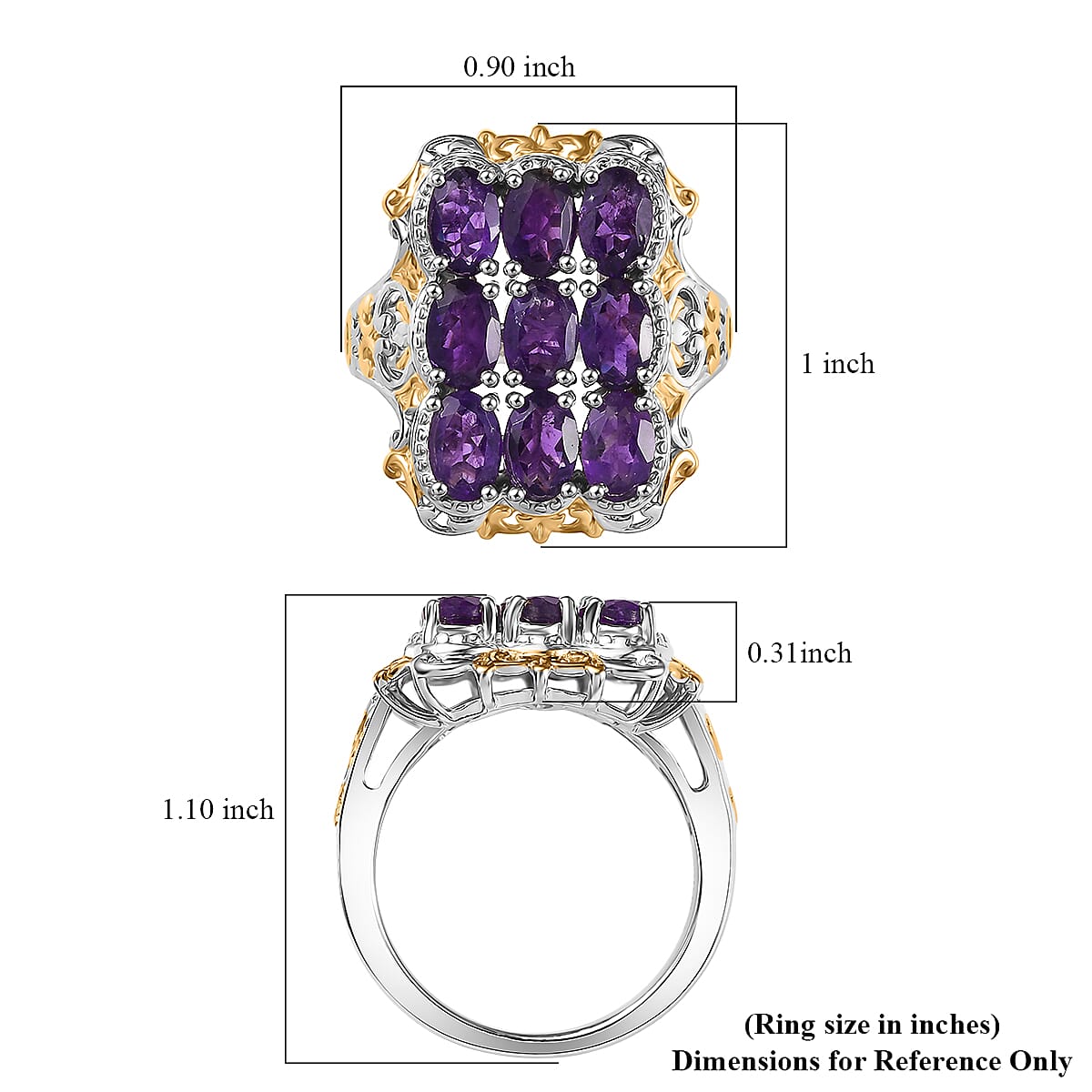 EverTrue African Amethyst Cluster Ring in 18K YG Plated and Platinum Bond 3.70 ctw (Size 10.0)