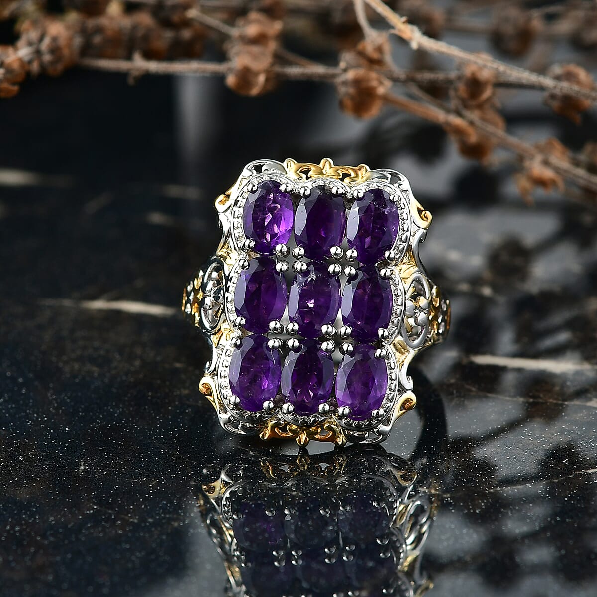 EverTrue African Amethyst Cluster Ring in 18K YG Plated and Platinum Bond 3.70 ctw (Size 7.0) image number 1