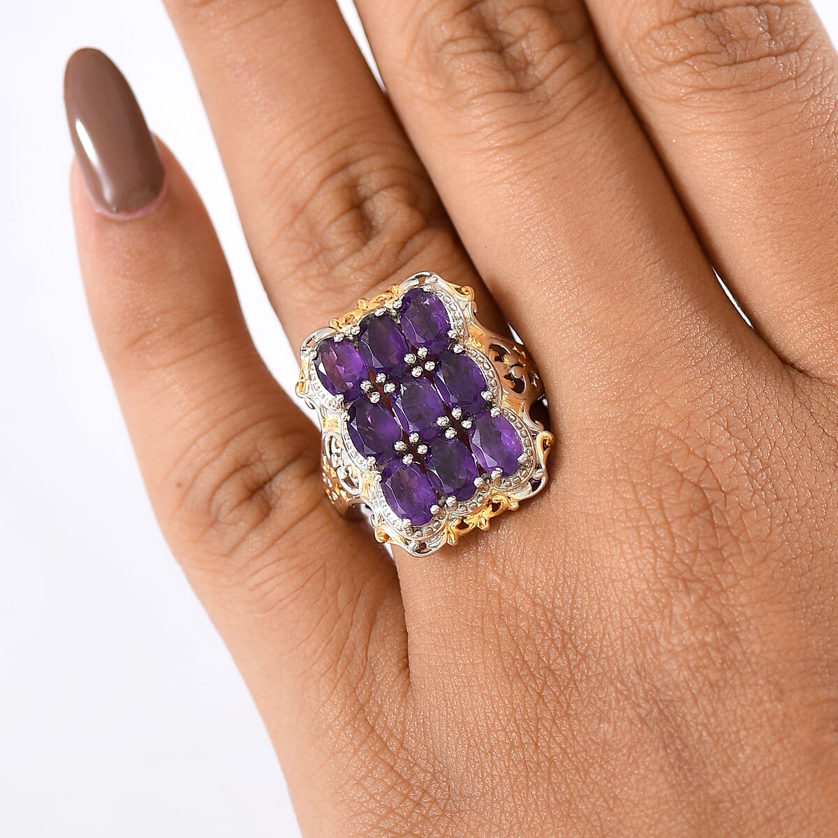 EverTrue African Amethyst Cluster Ring in 18K YG Plated and Platinum Bond 3.70 ctw (Size 7.0) image number 2